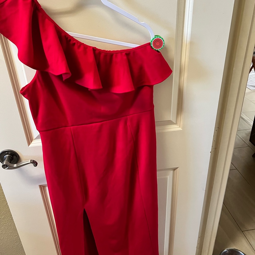 Red Asymmetrical Ruffled Sheath Dress - Picture 2 of 3